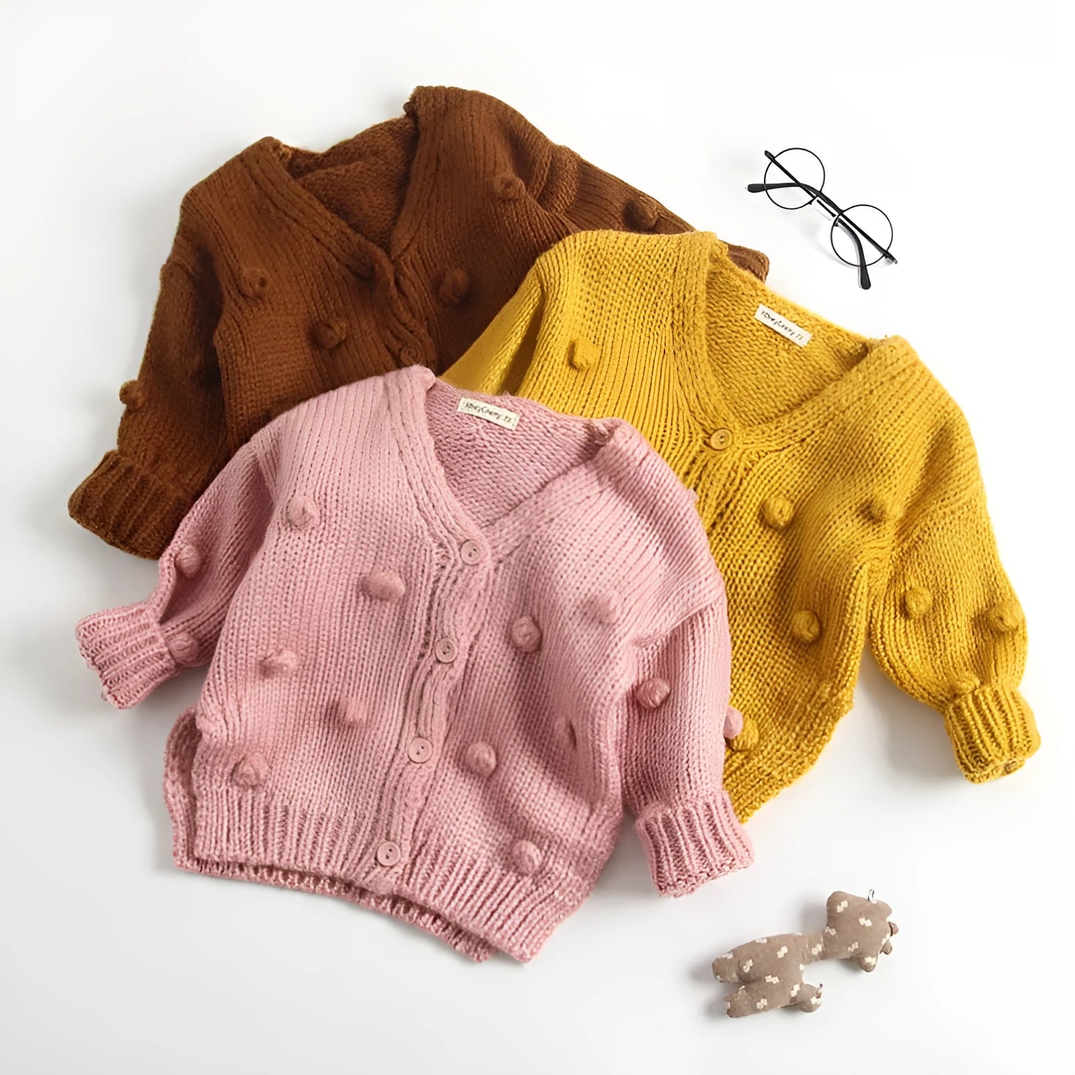 baby girl sweater in pink, brown, or yellow knit, sizes 73 to 100 cm