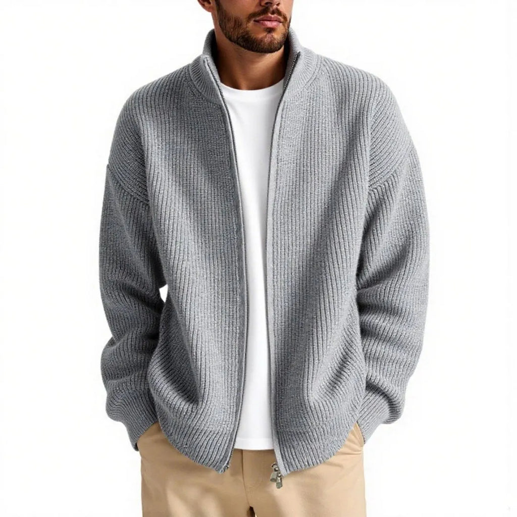 Loose fit men's cardigan sweater in a chemical fibre blend, shown in a choice of five colours.