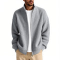 Loose fit men's cardigan sweater in a chemical fibre blend, shown in a choice of five colours.