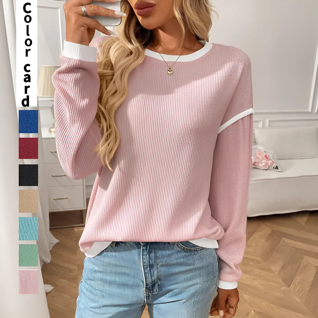 Women's loose round neck long sleeve polyester pullover top in multiple colours.