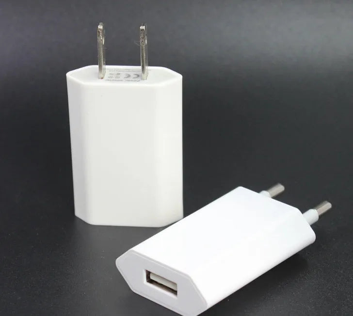White 5V 2A USB wall charger and white USB to Lightning cable for iPhone and iPad.