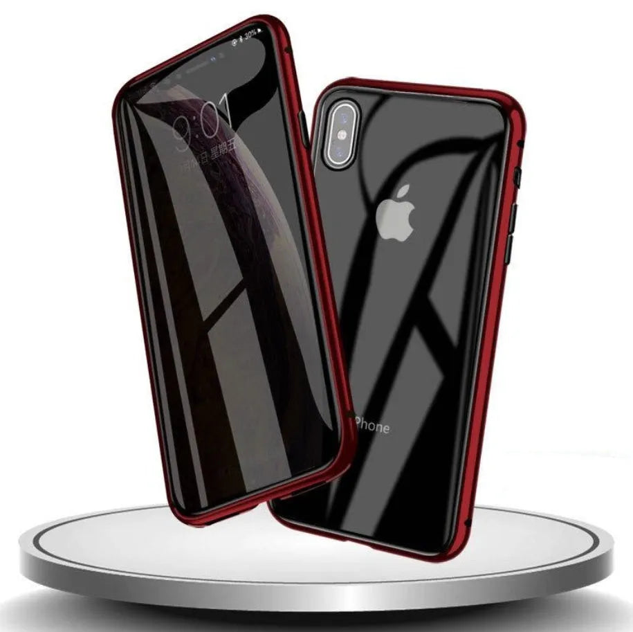 Geometric design aluminium clamshell phone case for iPhone with RFID blocking glass front in six colour options.