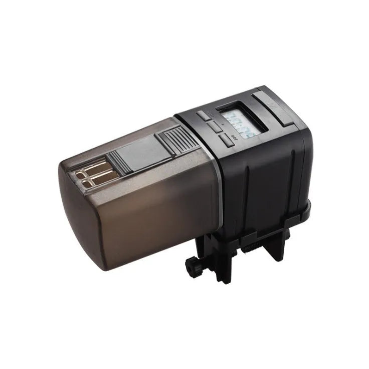 Black automatic fish feeder with timer, 175ml capacity, fixed clamp and velcro strap for tank installation