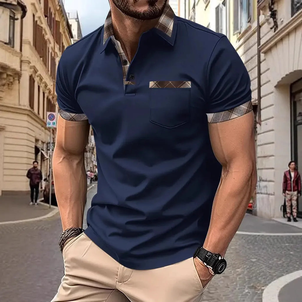 Men's loose fit short sleeve t-shirt with colourblock plaid pattern in polyester fabric