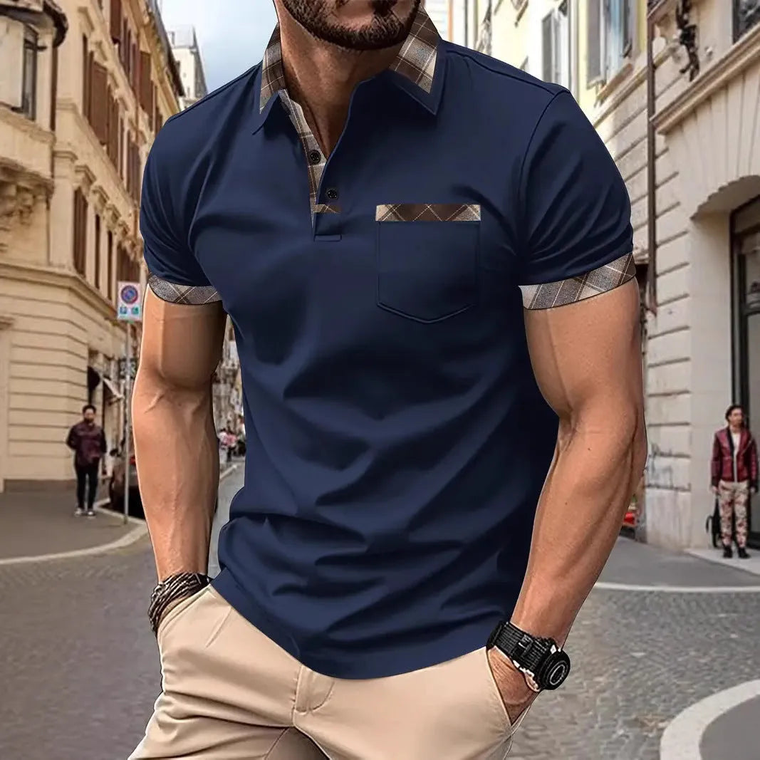 Men's loose fit short sleeve t-shirt with colourblock plaid pattern in polyester fabric