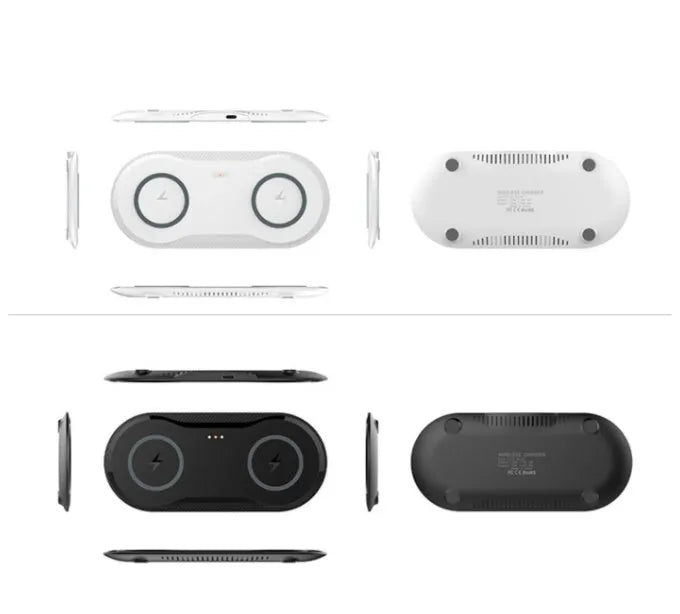 Black dual wireless charging pad charging two smartphones simultaneously on desk