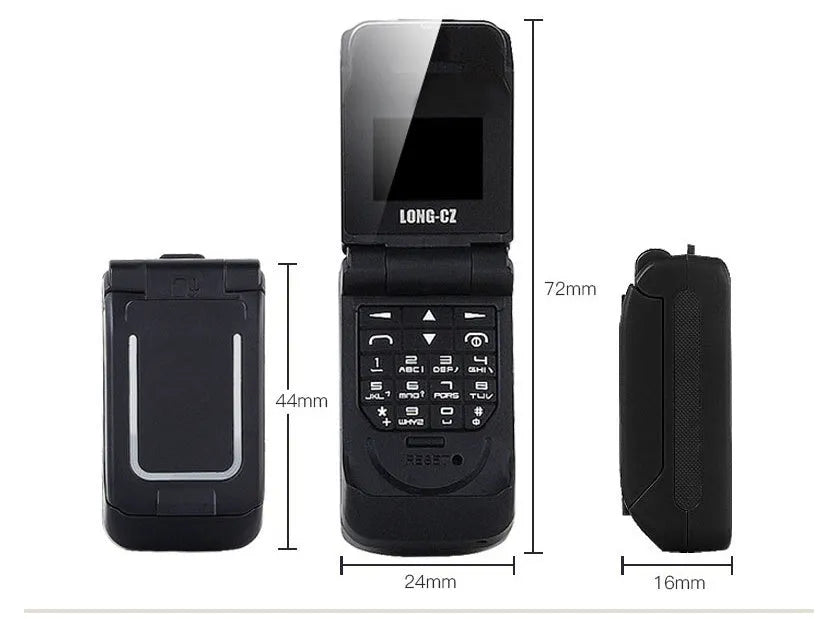 Mini flip phone in six colours with flip cover closed showing screen protection