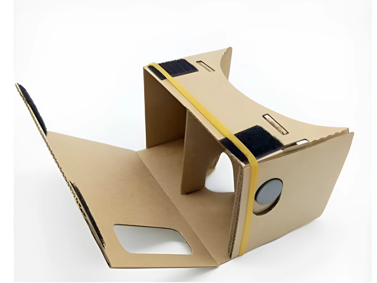 Pink and white foldable VR Cardboard viewer headset for 6-inch smartphones with head strap.