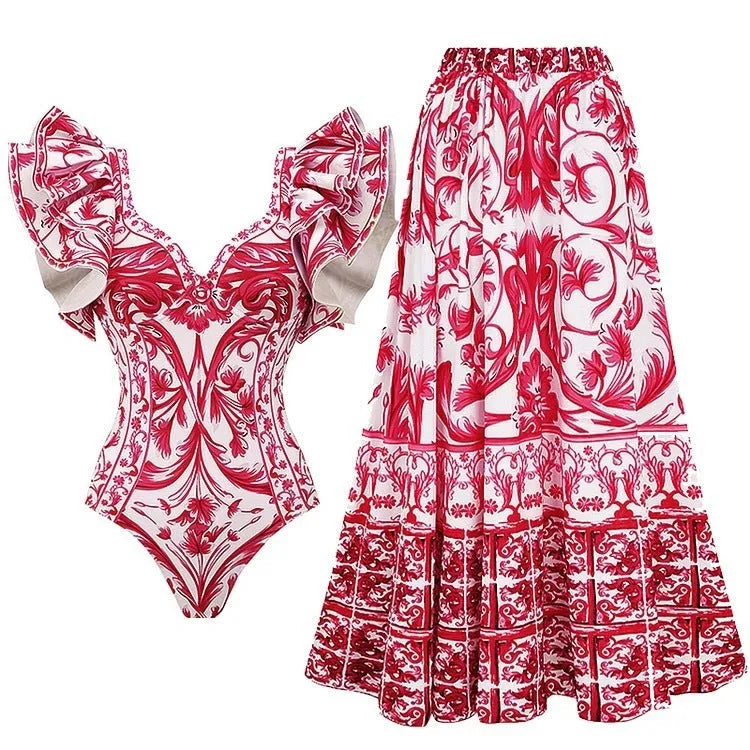 Women's printed one-piece swimsuit in blue, pink, white, or red apron set designs, size S M L XL.