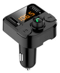 Black BT36B car Bluetooth MP3 player with 1.1-inch screen, plugged into a vehicle cigarette lighter socket.