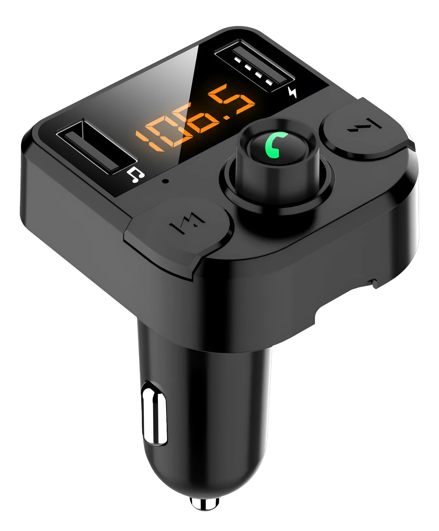 Black BT36B car Bluetooth MP3 player with 1.1-inch screen, plugged into a vehicle cigarette lighter socket.
