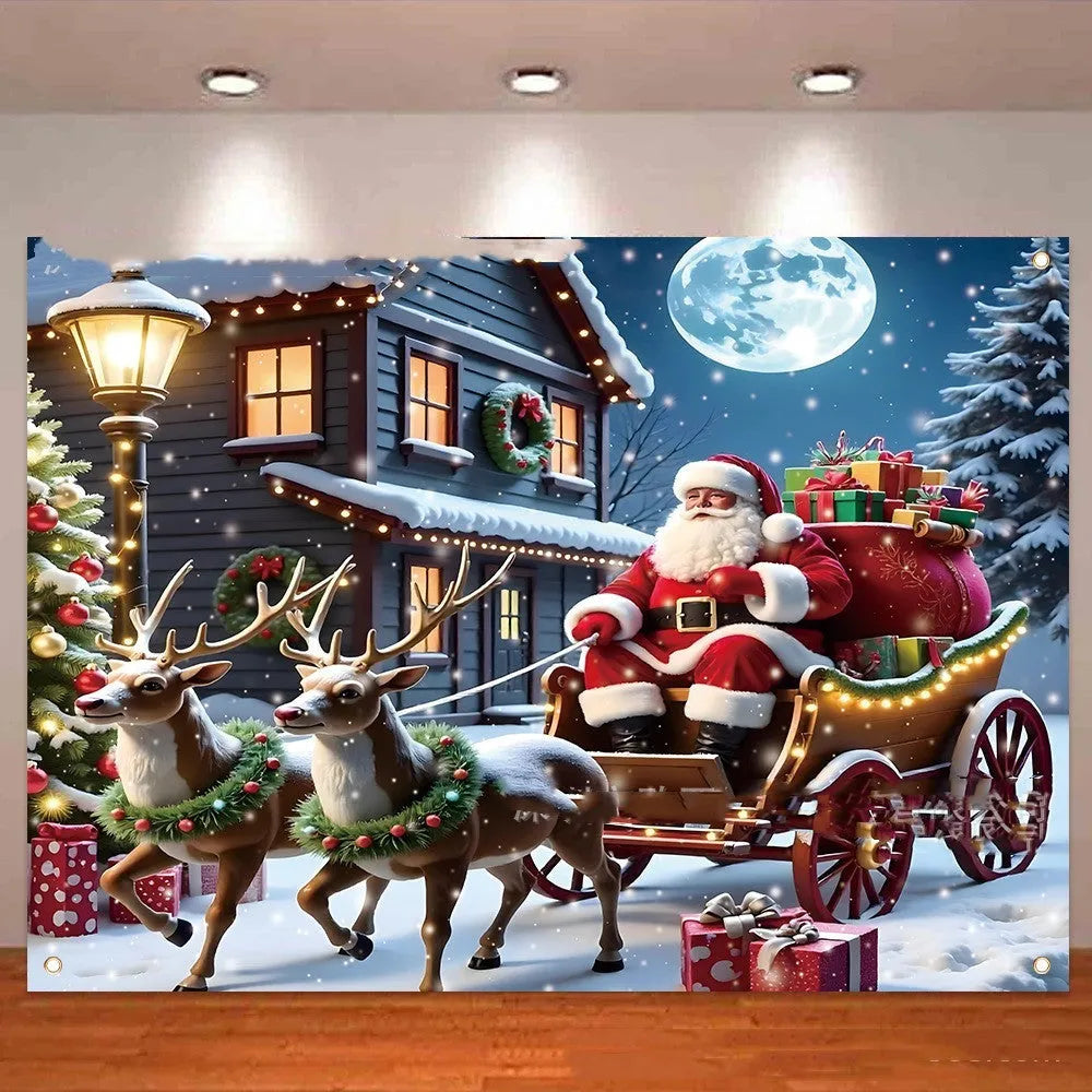 Red Christmas banner with Santa Claus print measuring 210cm wide by 150cm high