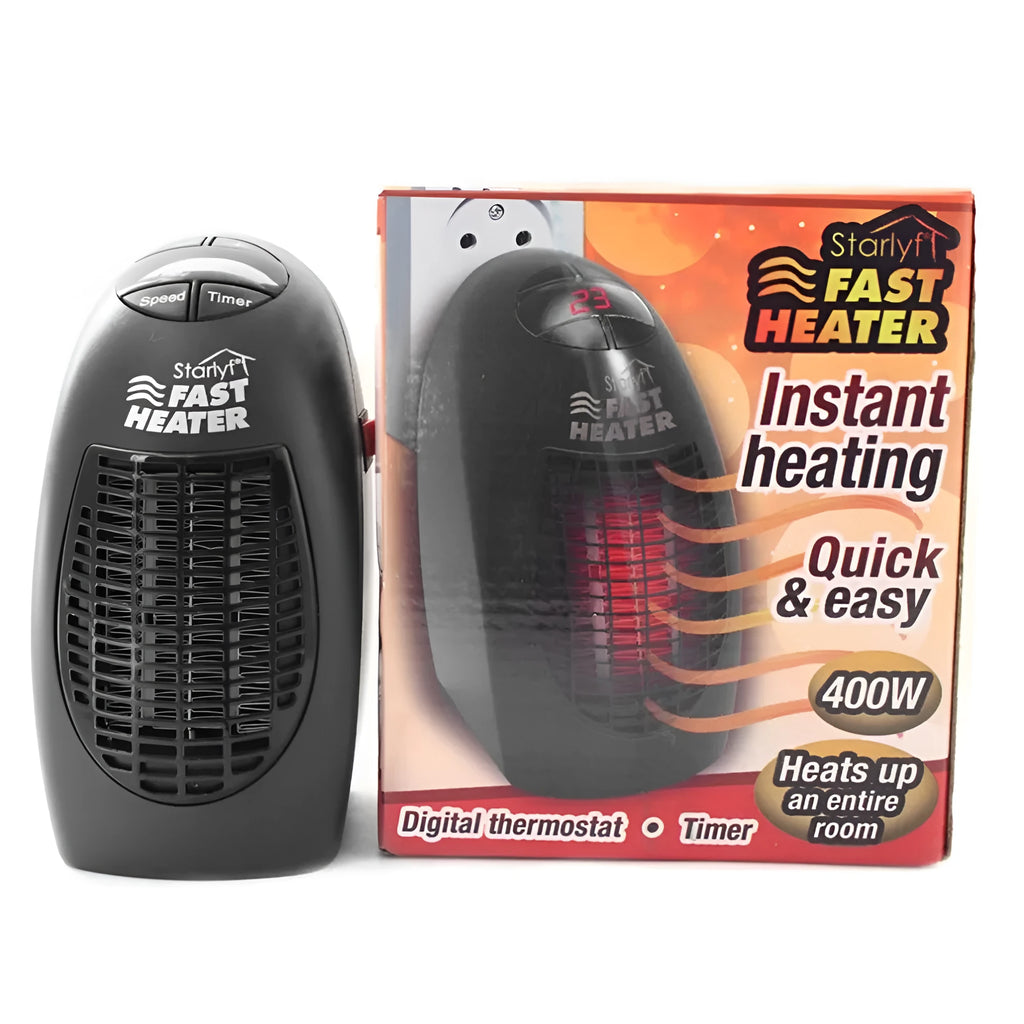 Small black portable ceramic electric heater with digital display on a white background