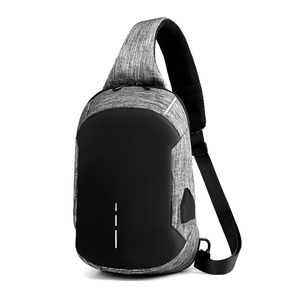 Small dark blue Oxford cloth waterproof chest bag with a zipper and adjustable strap, shown with a phone in the dedicated compartment.