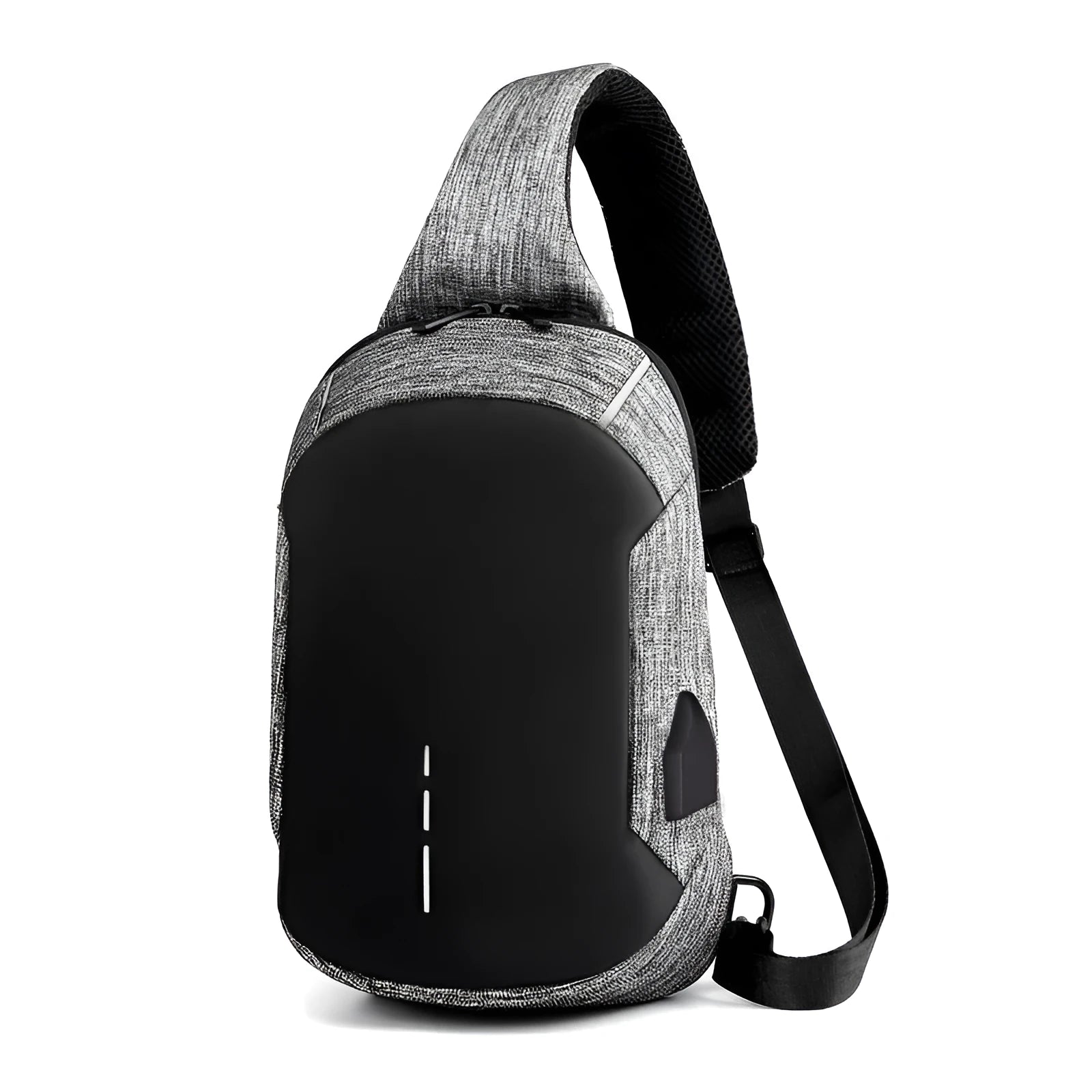 Small dark blue Oxford cloth waterproof chest bag with a zipper and adjustable strap, shown with a phone in the dedicated compartment.