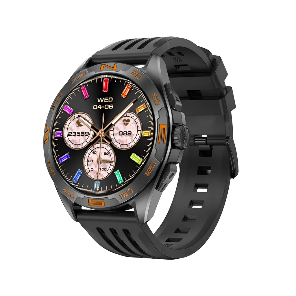 Black steel smartwatch showing display with health stats and WhatsApp notification on wrist