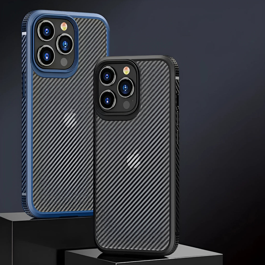 Black anti-fall protective phone case for iPhone 13 with a carbon fibre pattern on the back.