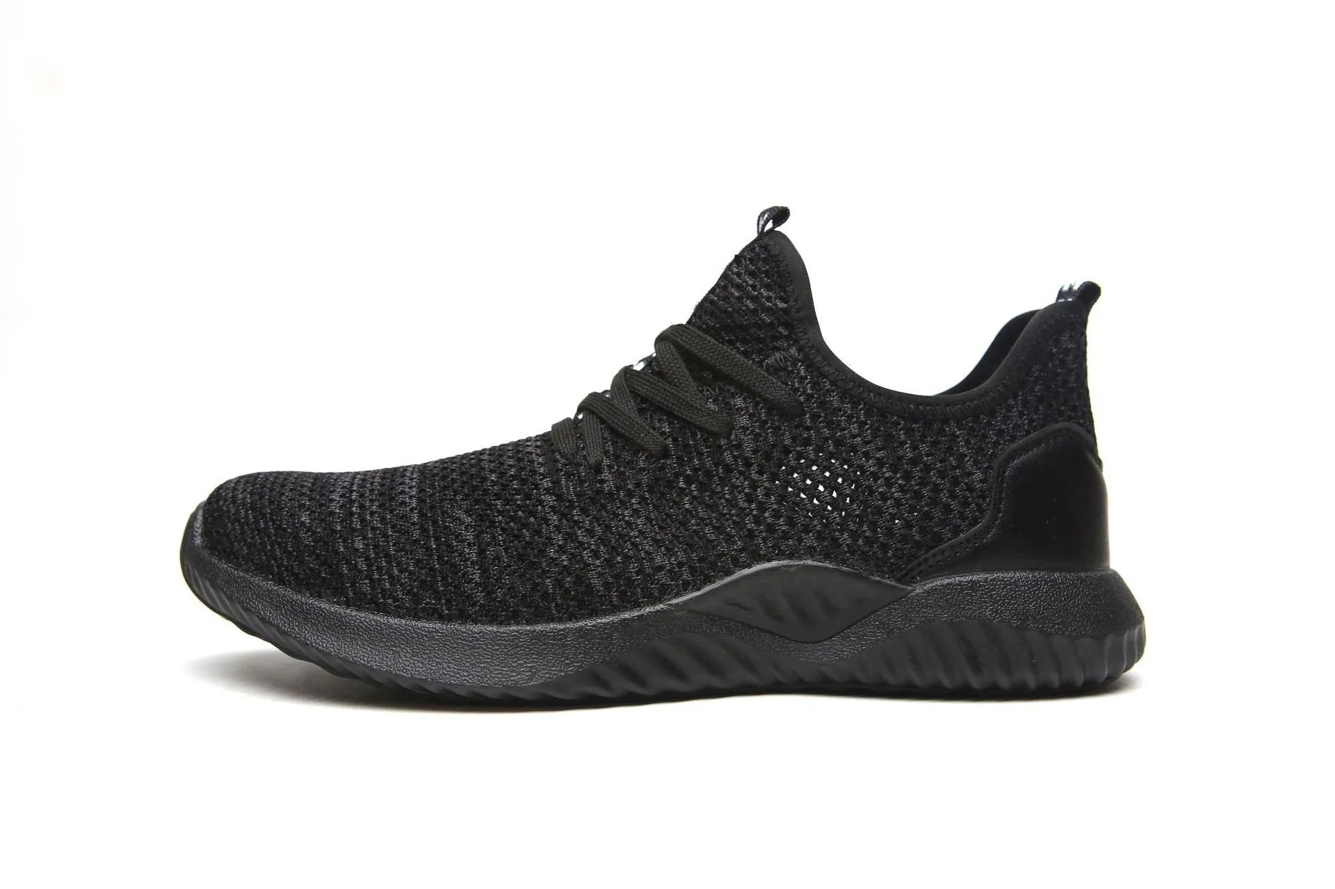 Low-top work safety shoes with steel toe cap and anti-static EVA soles in black colour.
