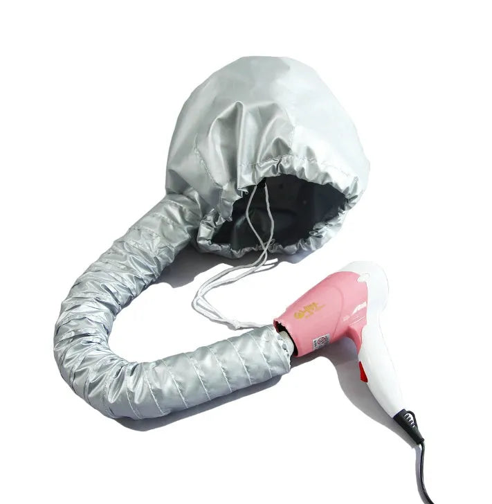 Universal hair dryer bonnet hood attachment with elastic tube end and drawstring closure