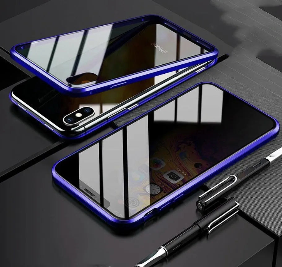 Geometric design aluminium clamshell phone case for iPhone with RFID blocking glass front in six colour options.
