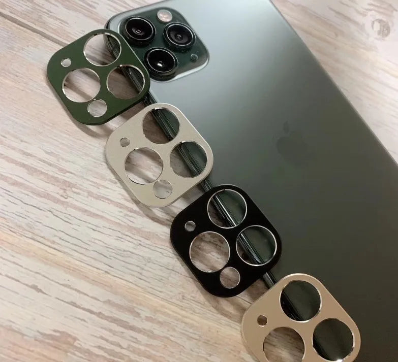Metal lens protection ring for iPhone 11 and iPhone 11 Pro rear camera, shown in various colour options.