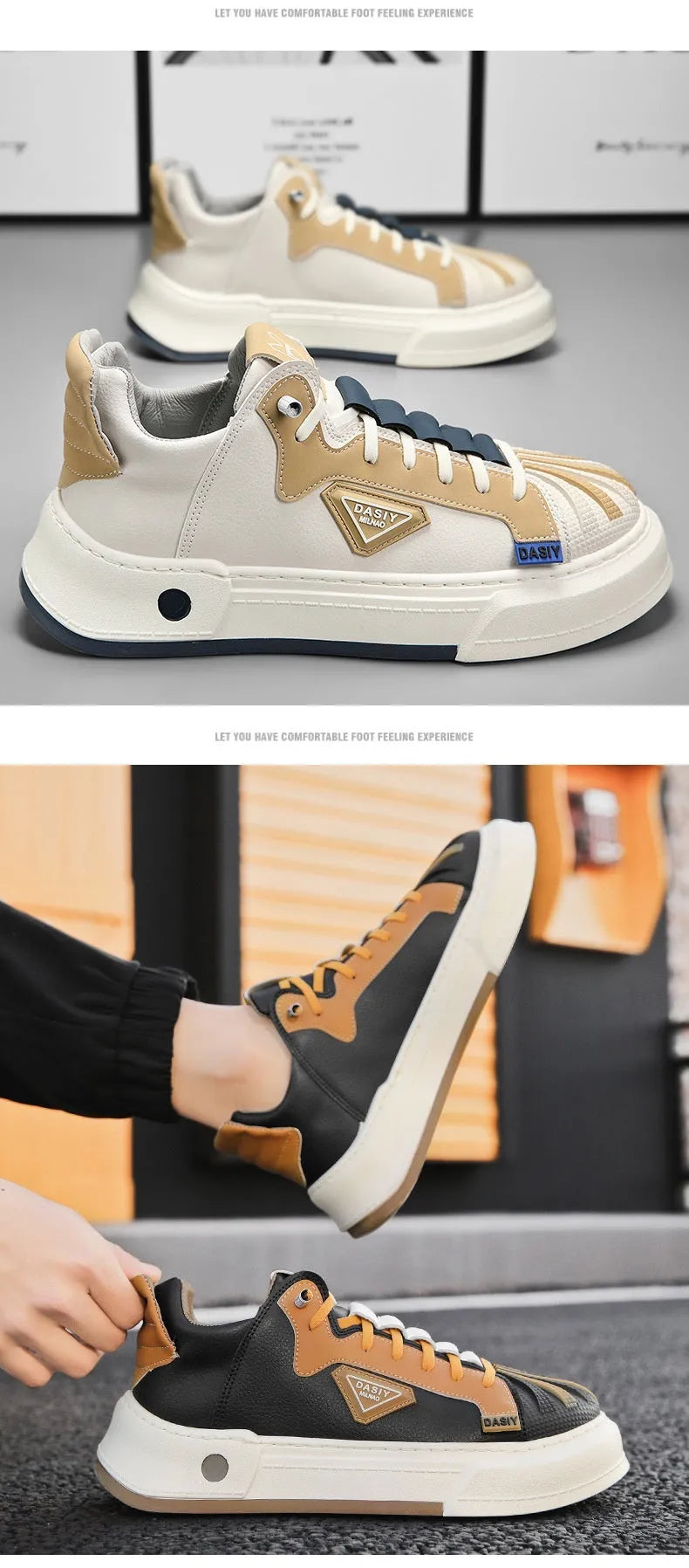 Men's beige low-top sneakers with elastic band closure and round toe on a white background.