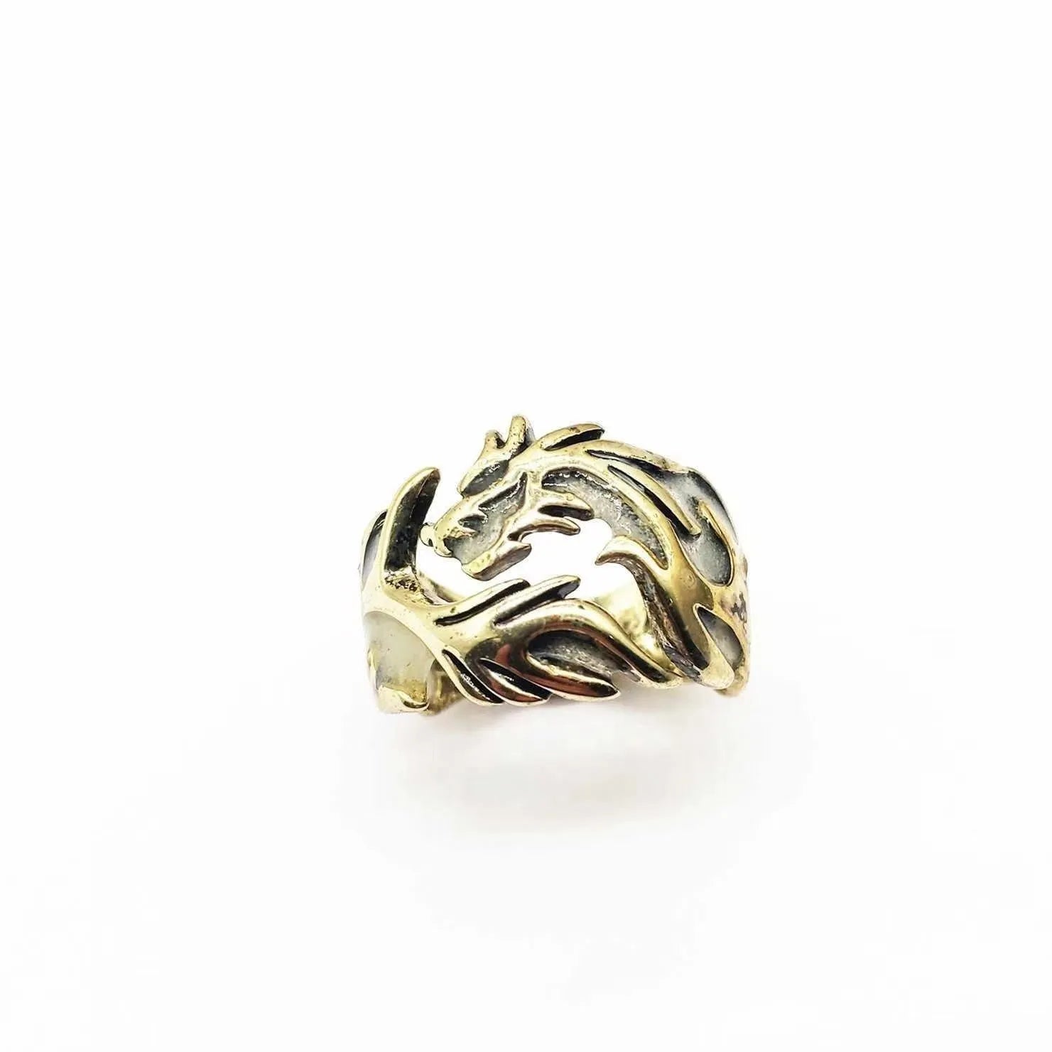 Adjustable Chinese dragon pattern ring in antique silver blue green electroplated colours