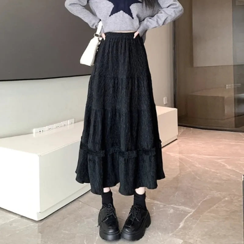 Corduroy A-line midi skirt with elastic waistband in milk white, black or brown colours