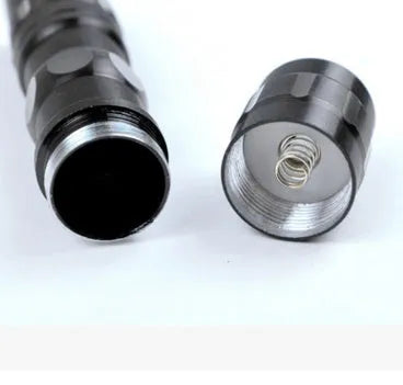 Black aluminium alloy mini LED flashlight showing compact 9.5cm length and 2cm diameter
