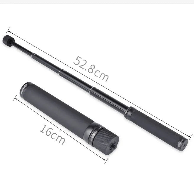 Black retractable extended selfie stick with smartphone clamp and adjustable tripod base