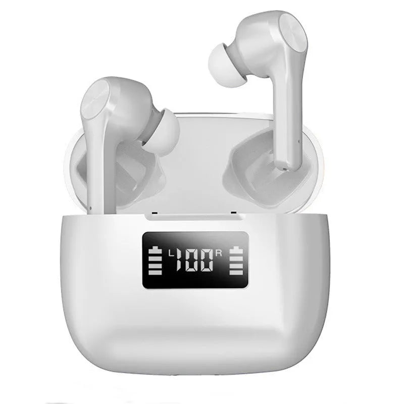 Cool black wireless earbuds with touch controls and charging case on white background