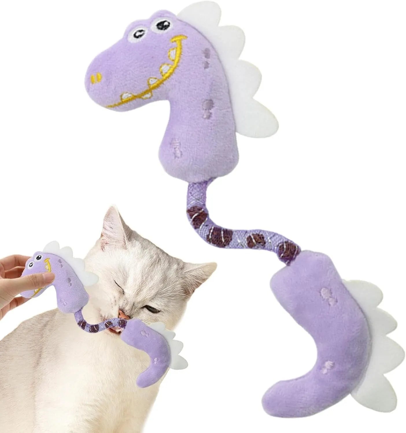 Four plush cat toys including catnip chew toy, squeaky mouse, textured fish, and bunny for indoor play