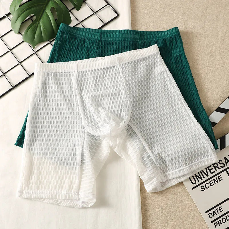 Men's lace boxer shorts with lengthened hip lifting design in solid colours