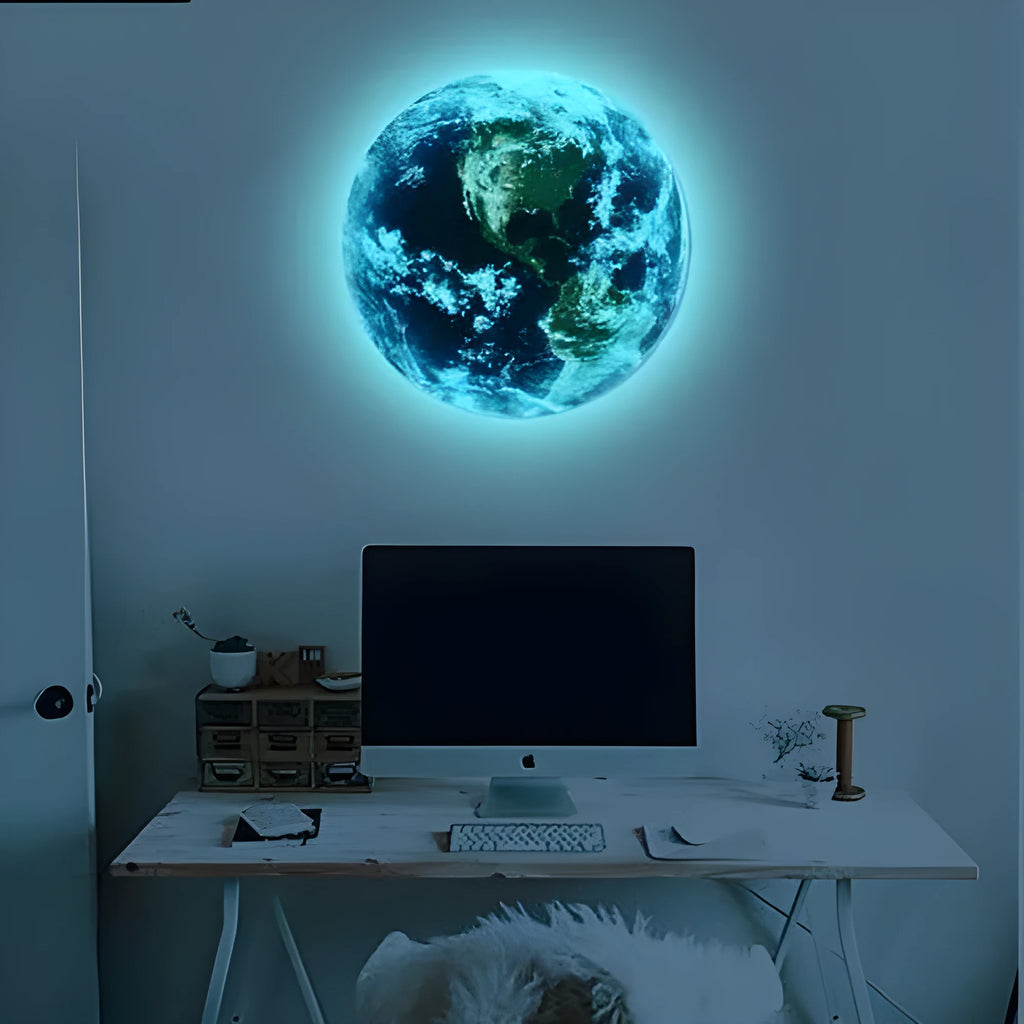 Glow in the dark 3D Earth wall sticker showing planet detail, available in 10cm 20cm 30cm sizes