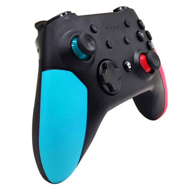 Switch Bluetooth gamepad controller in left blue right red colour scheme on grey background