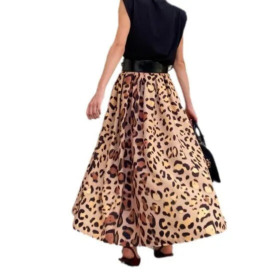 Brown leopard print women's A-line skirt with big hem design