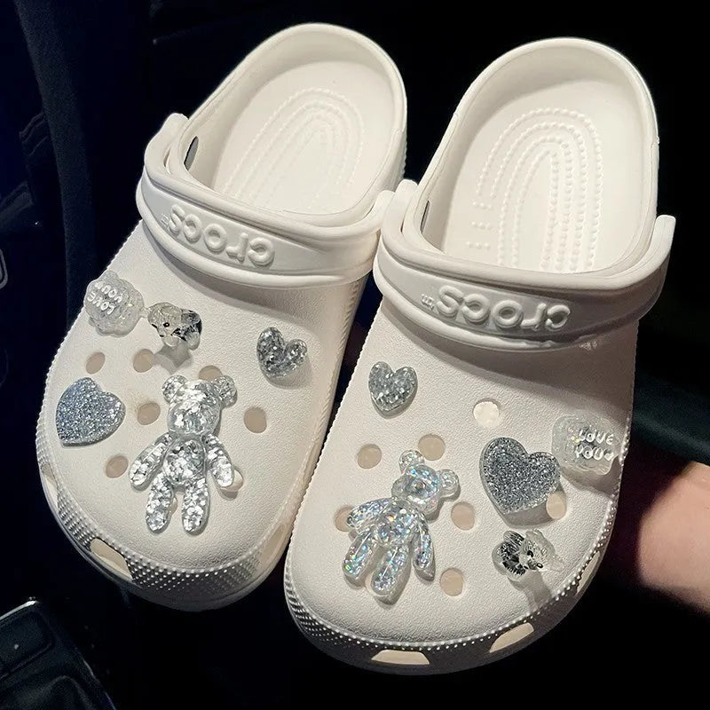 Crystal bear shoe buckle set on sneakers with resin plush material 1.2cm diameter