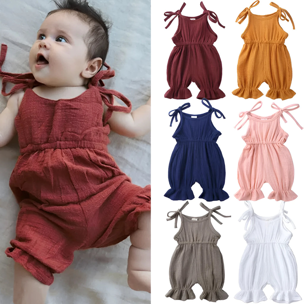 Baby girls sleeveless solid cotton romper jumpsuit in pullover style available in multiple colours