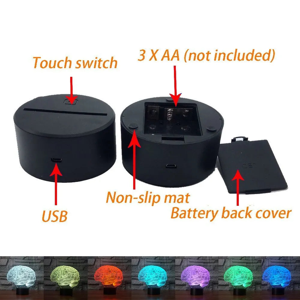 3D acrylic brain illusion LED lamp with colourful lighting on ABS base with remote control