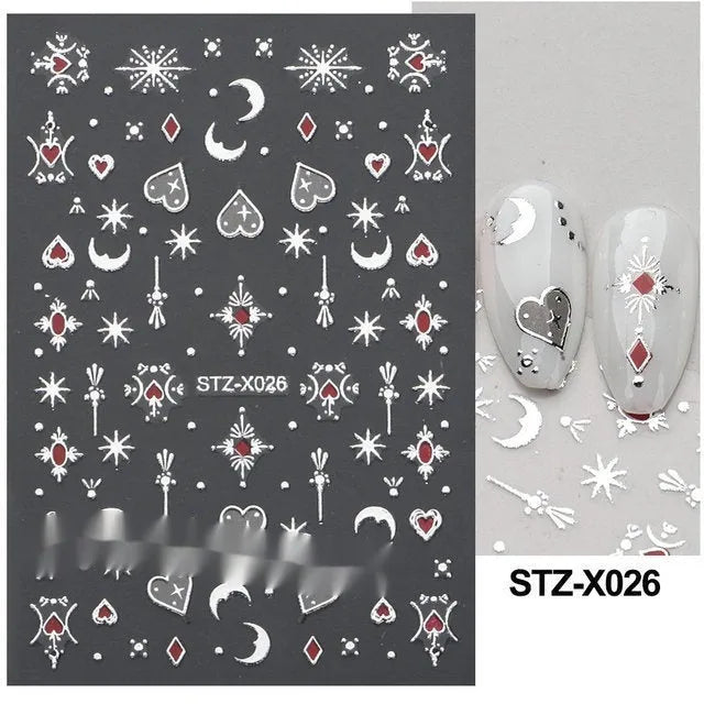 Set of 60 black and silver cartoon pattern nail strip stickers with plastic application patch.