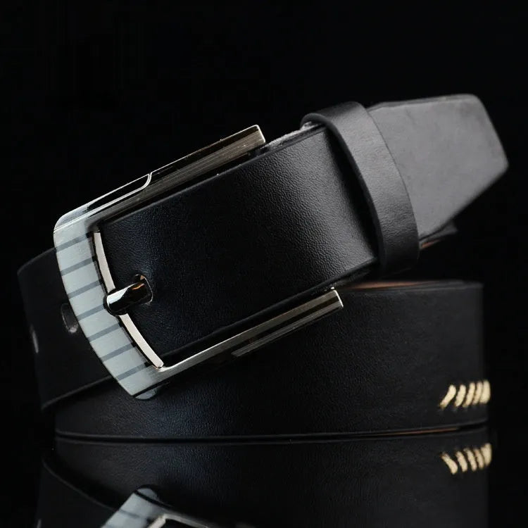 Men's imitation leather belt with pin buckle in black, brown or white colours showing retro pattern detailing