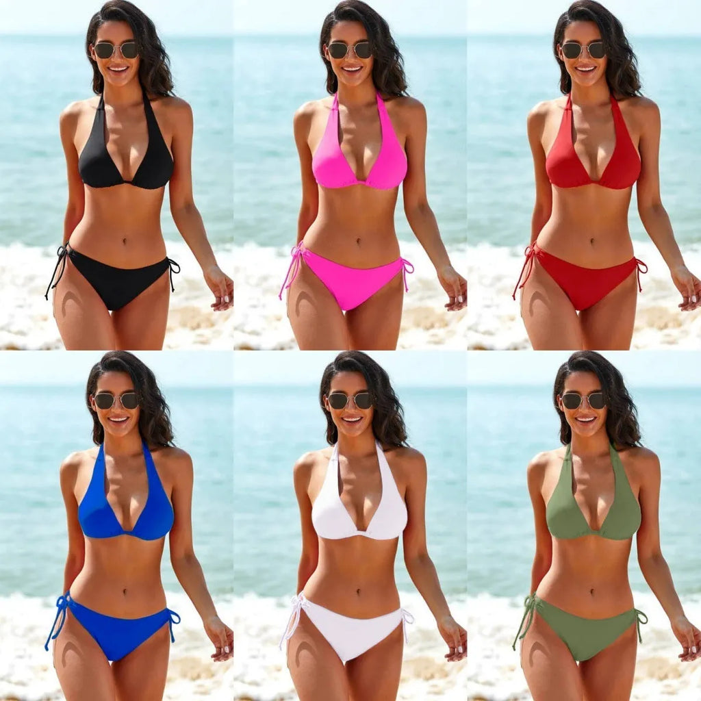 Solid colour strap bikini set with briefs bottom in multiple colours for women