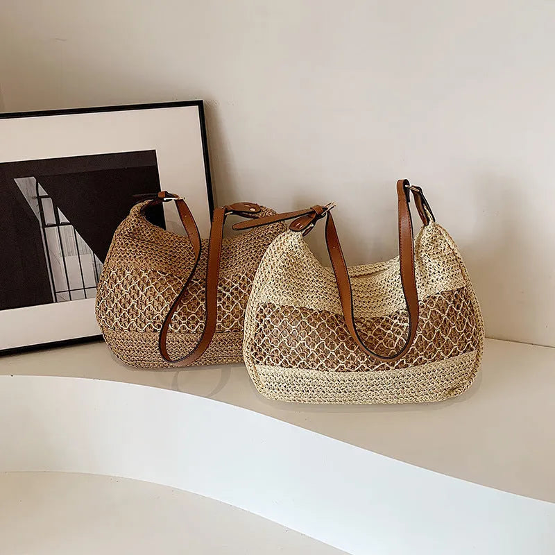 Women's casual soft straw cross body bag in khaki beige with horizontal square shape and sandwich pocket