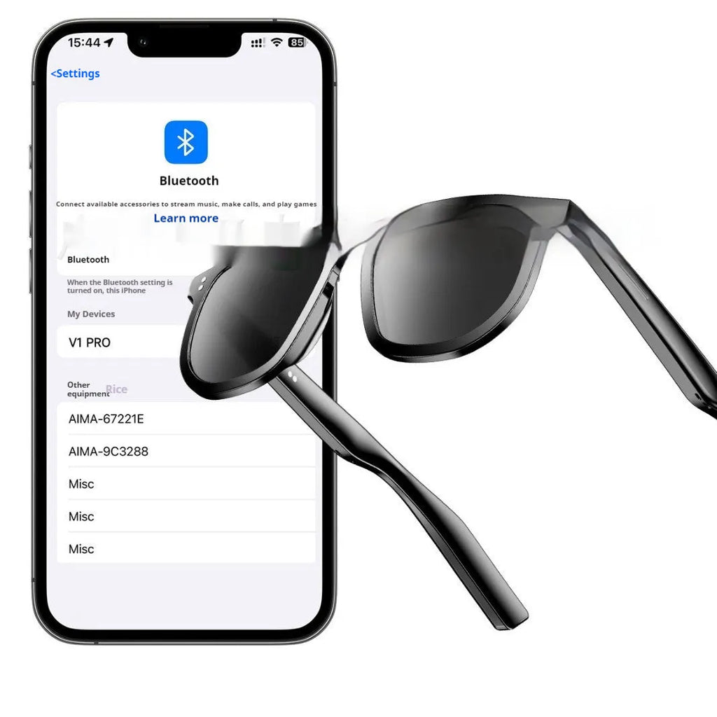 Black smart glasses with Bluetooth calling and audio functions, UV protection lenses