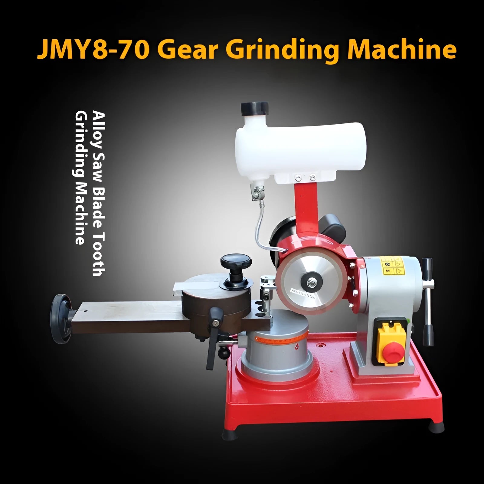 Small manual sharpening machine for grinding teeth on alloy circular saw blades.