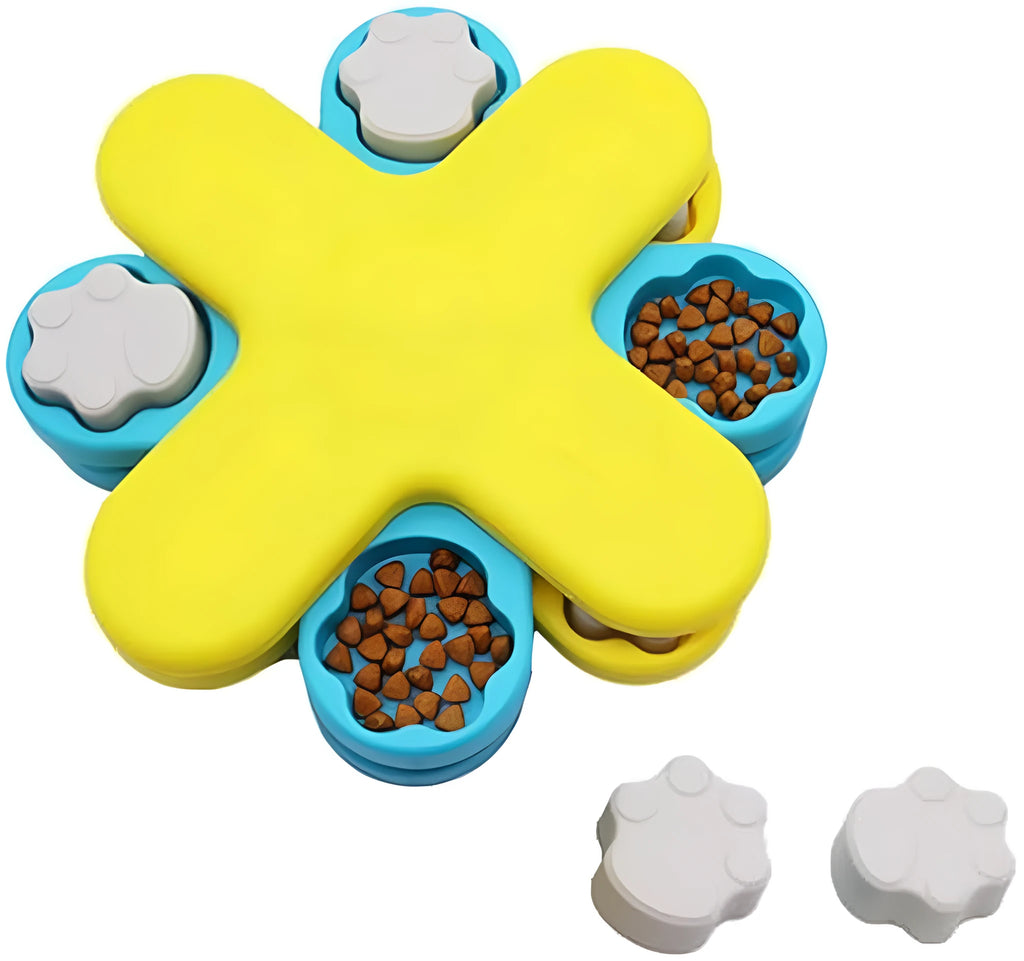 Yellow interactive dog puzzle feeder bowl with rotating lids and anti-slip base.