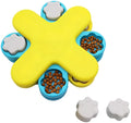 Yellow interactive dog puzzle feeder bowl with rotating lids and anti-slip base.
