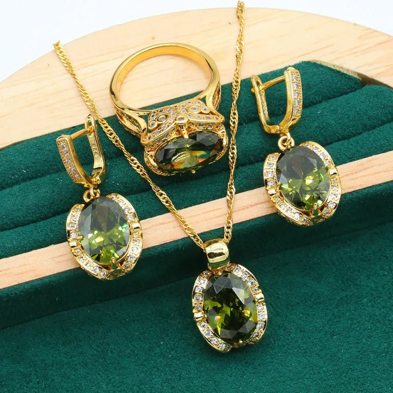 Women's rhinestone zircon jewellery set with snake bones chain and copper inlay in olive green or red colour