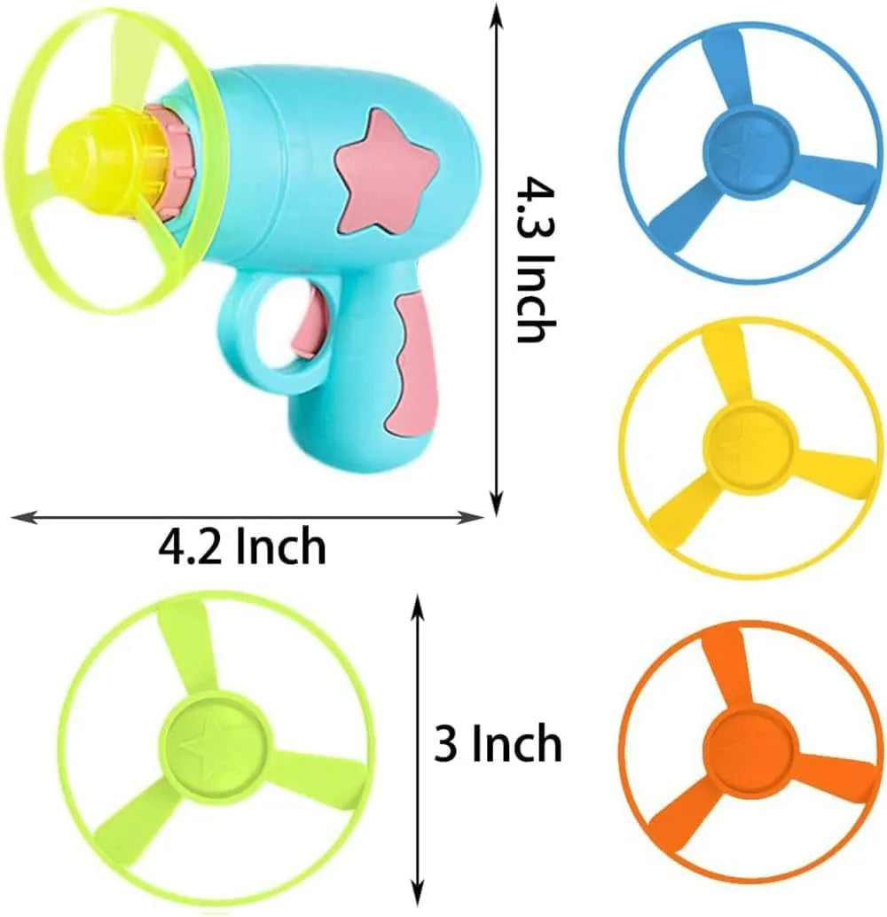 Blue interactive cat toy gun with plastic frisbee on launch mechanism for indoor feline play