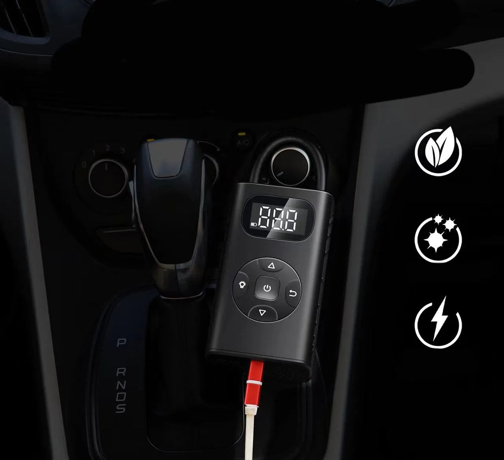 Black portable tyre inflator with digital display and 16cm inflatable tube for car motorcycle bicycle